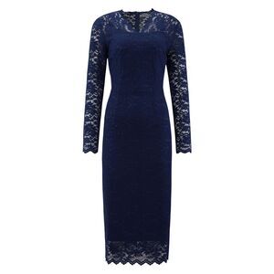 Floral Lace V Neck Long Sleeve Cocktail Bodycon Pencil Dress Dark Blue